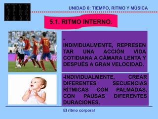 UNIDAD 6: TIEMPO, RITMO Y MÚSICA


5.1. RITMO INTERNO.

    -
    INDIVIDUALMENTE, REPRESEN
    TAR    UNA   ACCIÓN   VIDA
    COTIDIANA A CÁMARA LENTA Y
    DESPUÉS A GRAN VELOCIDAD.

    -INDIVIDUALMENTE,    CREAR
    DIFERENTES      SECUENCIAS
    RÍTMICAS    CON   PALMADAS,
    CON     PAUSAS  DIFERENTES
    DURACIONES.
    El ritmo corporal
 