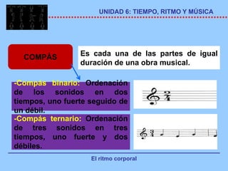 UNIDAD 6: TIEMPO, RITMO Y MÚSICA




  COMPÁS         Es cada una de las partes de igual
                 duración de una obra musical.

-Compás binario: Ordenación
de los sonidos en dos
tiempos, uno fuerte seguido de
un débil.
-Compás ternario: Ordenación
de tres sonidos en tres
tiempos, uno fuerte y dos
débiles.
                    El ritmo corporal
 