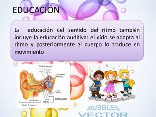EDUCACIÓN
La educación del sentido del ritmo también
incluye la educación auditiva: el oído se adapta al
ritmo y posteriormente el cuerpo lo traduce en
movimiento
 