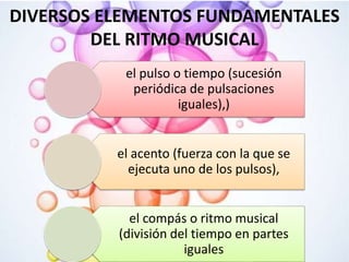 DIVERSOS ELEMENTOS FUNDAMENTALES
DEL RITMO MUSICAL
el pulso o tiempo (sucesión
periódica de pulsaciones
iguales),)
el acento (fuerza con la que se
ejecuta uno de los pulsos),
el compás o ritmo musical
(división del tiempo en partes
iguales
 