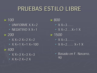 PRUEBAS ESTILO LIBRE
► 100                ► 800
   UNIFORME X X+2       X X+3…….
   NEGATIVO X X+1       X X+2…..X+1 X
► 200                ► 1500
   X X+2 X+2 X+2        X X+3……..
   X X+1 X+1 X+100      X X+2……. X+1 X
► 400
   X X+3 X+3 X+3        Basado en F. Navarro,
   X X+2 X+2 X          90
 