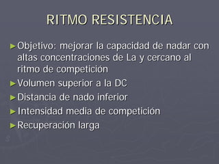 RITMO RESISTENCIA
► Objetivo: mejorar la capacidad de nadar con
  altas concentraciones de La y cercano al
  ritmo de competición
► Volumen superior a la DC
► Distancia de nado inferior
► Intensidad media de competición
► Recuperación larga
 