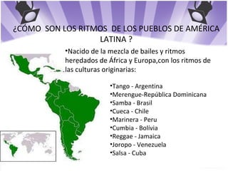 ¿CÓMO  SON LOS RITMOS  DE LOS PUEBLOS DE AMÉRICA LATINA ? Nacido de la mezcla de bailes y ritmos heredados de África y Europa,con los ritmos de las culturas originarias: Tango - Argentina Merengue-República Dominicana Samba - Brasil Cueca - Chile Marinera - Peru Cumbia - Bolívia Reggae - Jamaica Joropo - Venezuela Salsa - Cuba 