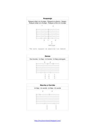 http://musicocristiano.blogspot.com/
Danza
Dos Acordes - Un Bajo - Un Acorde - Un Bajo prolongado
p p
6-----------b-----B------
5------------------------
4------------------------
3----|---|-----|---------
2----|---|-----|---------
1----v---v-----v---------
i i i
m m m
a a a
Marcha o Corrido
Un Bajo - Un acorde - Un Bajo - Un acorde
p p
6---b---------b----------
5------------------------
4------------------------
3--------|---------|-----
2--------|---------|-----
1--------v---------v-----
i i
m m
a a
Huapango
Rasgueo abajo con el pulgar - Rasgueo en abanico - Apagar -
Rasgueo abajo con el pulgar - Rasgueo arriba con el pulgar
* p
6----|---|---A---|---^---
5----|---|---A---|---|---
4----|---|---A---|---|---
3----|---|---A---|---|---
2----|---|---A---|---|---
1----v---v---A---v---|---
p i p
m
a
meñique
*En este rasgueo se abanican los dedos)
 