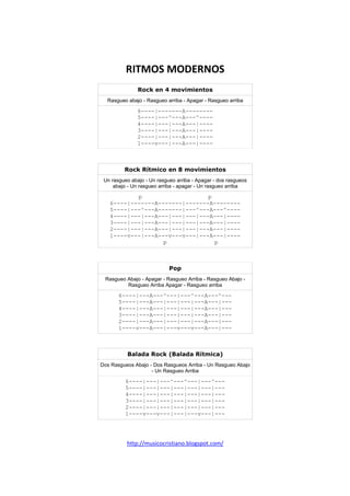 http://musicocristiano.blogspot.com/
RITMOS MODERNOS
Rock en 4 movimientos
Rasgueo abajo - Rasgueo arriba - Apagar - Rasgueo arriba
6----|-------A--------
5----|---^---A---^----
4----|---|---A---|----
3----|---|---A---|----
2----|---|---A---|----
1----v---|---A---|----
Rock Rítmico en 8 movimientos
Un rasgueo abajo - Un rasgueo arriba - Apagar - dos rasgueos
abajo - Un rasgueo arriba - apagar - Un rasgueo arriba
p p
6----|-------A-------|-------A--------
5----|---^---A-------|---^---A---^----
4----|---|---A---|---|---|---A---|----
3----|---|---A---|---|---|---A---|----
2----|---|---A---|---|---|---A---|----
1----v---|---A---v---v---|---A---|----
p p
Pop
Rasgueo Abajo - Apagar - Rasgueo Arriba - Rasgueo Abajo -
Rasgueo Arriba Apagar - Rasgueo arriba
6----|---A---^---|---^---A---^---
5----|---A---|---|---|---A---|---
4----|---A---|---|---|---A---|---
3----|---A---|---|---|---A---|---
2----|---A---|---|---|---A---|---
1----v---A---|---v---v---A---|---
Balada Rock (Balada Rítmica)
Dos Rasgueos Abajo - Dos Rasgueos Arriba - Un Rasgueo Abajo
- Un Rasgueo Arriba
6----|---|---^---^---|---^---
5----|---|---|---|---|---|---
4----|---|---|---|---|---|---
3----|---|---|---|---|---|---
2----|---|---|---|---|---|---
1----v---v---|---|---v---|---
 