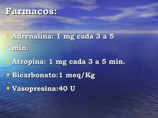 Farmacos:

• Adrenalina: 1 mg cada 3 a 5
 min.
• Atropina: 1 mg cada 3 a 5 min.
• Bicarbonato:1 meq/Kg
• Vasopresina:40 U
 