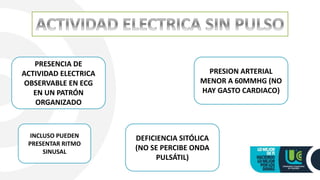 PRESENCIA DE
ACTIVIDAD ELECTRICA
OBSERVABLE EN ECG
EN UN PATRÓN
ORGANIZADO
INCLUSO PUEDEN
PRESENTAR RITMO
SINUSAL
PRESION ARTERIAL
MENOR A 60MMHG (NO
HAY GASTO CARDIACO)
DEFICIENCIA SITÓLICA
(NO SE PERCIBE ONDA
PULSÁTIL)
 