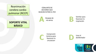 Reanimación
cerebro-cardio-
pulmonar (RCCP)
CONJUNTO DE
ACCIONES QUE
BUSCAN EVITAR EL PCR
SOPORTE VITAL
BÁSICO
Despeje de
vía aerea
Compresión
torácica para
favorecer la
circulacion
Ventilar para
favorecer la
respiración
Usar el
desfibrilador
 