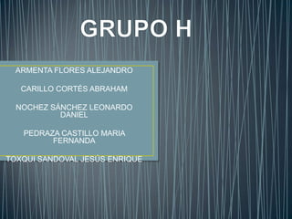 ARMENTA FLORES ALEJANDRO

   CARILLO CORTÉS ABRAHAM

  NOCHEZ SÁNCHEZ LEONARDO
           DANIEL

   PEDRAZA CASTILLO MARIA
         FERNANDA

TOXQUI SANDOVAL JESÚS ENRIQUE
 