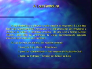 A Loja Simbólica




     A loja Simbólica é o alicerce a pedra angular da maçonaria. É a unidade
local cuja responsabilidade permanente é a implementação dos programas e
objetivos da ordem. A finalidade precípua de uma Loja é formar Mestres
Maçons, indo além da conferência de Graus, proporcionando educação
maçônica para todos os seus membros.
    A Loja deve ter, no mínimo, três reuniões mensais:
           1 (uma) de Loja Aberta = Ritualística;
           1 (uma) de Administração = Para assuntos da Sociedade Civil;
           1 (uma) de Instrução = Ensaios dos Rituais da Loja.
 