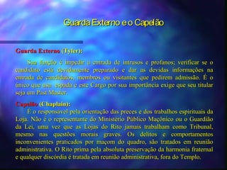 Guarda Externo e o Capelão


Guarda Externo (Tyler):
     Sua função é impedir a entrada de intrusos e profanos; verificar se o
candidato está devidamente preparado e dar as devidas informações na
entrada de candidatos, membros ou visitantes que pedirem admissão. É o
único que usa espada e este Cargo por sua importância exige que seu titular
seja um Past Master.
Capelão (Chaplain):
    É o responsável pela orientação das preces e dos trabalhos espirituais da
Loja. Não é o representante do Ministério Público Maçônico ou o Guardião
da Lei, uma vez que as Lojas do Rito jamais trabalham como Tribunal,
mesmo nas questões morais graves. Os delitos e comportamentos
inconvenientes praticados por maçom do quadro, são tratados em reunião
administrativa. O Rito prima pela absoluta preservação da harmonia fraternal
e qualquer discórdia é tratada em reunião administrativa, fora do Templo.
 