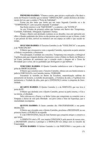 PRIMEIRO BAIRRO: "Chamo-o assim, para iniciar a explicação e lhe darei o
nome de Primeiro Caminho que se intitula "ABNEGAÇÃO", caráter distintivo do Grão-
mestre da Luz, que o conduz à "Porta da Fidelidade".
Forma um dos lados que limita por um outro Segundo Caminho ou o da
"TEMPERANÇA", com sua porta chamada "Castidade".
Sua frente exterior é a da "EQÜIDADE", e a anterior, a da "JUSTIÇA".
As seis Virtudes da primeira ordem que limitam este Bairro são: Temperança,
Castidade, Fidelidade, Abnegação, Eqüidade e Justiça.
Porque o Bairro está destinado à pintura ou ao desenho, essa arte apresenta aos
olhos o Quadro palpitante dos feitos ou das pessoas que existem ou que se foram, e todo
o que possuir de belo, terrível ou instrutivo em seu espaço ou sobre o que sucede no
tempo.
SEGUNDO BAIRRO: O Terceiro Caminho é o da "VIGILÂNCIA” e sua porta
é da "PERCEPÇÃO”.
O Bairro que circunscreve com o segundo Caminho, representa na parte anterior
a Ordem e na posterior, a Harmonia.
Fina percepção, Castidade nos conceitos, Temperança nas emoções e infatigável
Vigilância para que ninguém destrua a harmonia e reine a Ordem no Bairro da Música e
do Canto, perfumes de sentimento que o coração exala e chegam até o Trono da
Divindade que o criou; são as qualidades que distinguem os que habitam.
TERCEIRO BAIRRO: O Quarto Caminho embeleza-se com a Esperança à
porta da IMORTALIDADE.
O Bairro que constitui com o Terceiro Caminho, oferece em seu limite externo a
palavra FORTALEZA e no Caminho interno, VERDADE.
Encontrais aí reunidas no Bairro da Escultura, materialização sublime do
pensamento do homem, a exatidão da percepção,, a Fortaleza da mão, a Vigilância nos
pormenores a Verdade da obra, para que a ESPERANÇA anime à conquista da Imor-
talidade.
QUARTO BAIRRO: O Quinto Caminho é o da SIMPATIA que nos leva à
porta da FÉ.
O Bairro que deslinda com o Quarto Caminho, possui na parte externa, o Céu e
na interna, a Liberdade.
Nele cultivam-se a Poesia e as Belas Letras que conquistam os corações com a
Simpatia e cheios de zelo pela liberdade seu povo entoa o hino da Esperança, que a
imortalidade recompensa.
QUINTO BAIRRO: O Sexto caminho diz: FRATERNIDADE e sua porta:
DEDUÇÃO.
O Bairro que circunda com o Quinto Caminho, proclama a DIGNIDADE na sua
primeira frente e a PUREZA na segunda.
É o da CORTESANIA, base do trato humano que conquista amigos e conserva o
que temos.
A SIMPATIA atrai a FÉ, nos inspira CONFIANÇA pela pureza de nossos atos,
a DIGNIDADE conserva o prestígio e a DEDUÇÃO nos enlaça com os vínculos da
Fraternidade.
SEXTO BAIRRO: O Sétimo Caminho é o da INDÚSTRIA e sua porta a da
171
 