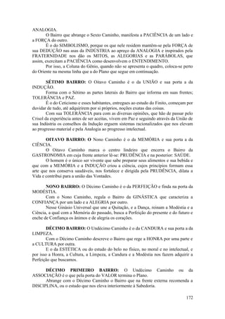 ANALOGIA.
O Bairro que abrange o Sexto Caminho, manifesta a PACIÊNCIA de um lado e
a FORÇA do outro.
É o do SIMBOLISMO, porque os que nele residem mantêm-se pela FORÇA de
sua DEDUÇÃO nas asas da INDÚSTRIA ao apreço da ANALOGIA e inspirados pela
FRATERNIDADE nos dão os MITOS, as ALEGORIAS e as PARÁBOLAS, que
assim, exercitam a PACIÊNCIA como desenvolvem o ENTENDIMENTO.
Por isso, a Coluna do Gênio, quando não se apresenta o quadro, coloca-se perto
do Oriente na mesma linha que a do Plano que segue em continuação.
SÉTIMO BAIRRO: O Oitavo Caminho é o da UNIÃO e sua porta a da
INDUÇÃO.
Forma com o Sétimo as partes laterais do Bairro que informa em suas frentes;
TOLERÂNCIA e PAZ.
É o do Ceticismo e esses habitantes, entregues ao estudo do Finito, começam por
duvidar de tudo, até adquirirem por si próprios, noções exatas das coisas.
Com sua TOLERÂNCIA para com as diversas opiniões, que hão de passar pelo
Crisol da experiência antes de ser aceitas, vivem em Paz e seguindo através da União de
sua Indústria os conselhos da Indução erguem sistemas racionalizados que nos elevam
ao progresso material e pela Analogia ao progresso intelectual.
OITAVO BAIRRO: O Nono Caminho é o da MEMÓRIA e sua porta a da
CIÊNCIA.
O Oitavo Caminho marca o centro lindeiro que encerra o Bairro da
GASTRONOMIA em cuja frente anterior lê-se: PRUDÊNCIA e na posterior: SAÚDE.
O homem é o único ser vivente que sabe preparar seus alimentos e sua bebida e
que com a MEMÓRIA e a INDUÇÃO criou a ciência, cujos princípios formam essa
arte que nos conserva saudáveis, nos fortalece e dirigida pela PRUDÊNCIA, dilata a
Vida e contribui para a união das Vontades.
NONO BAIRRO: O Décimo Caminho é o da PERFEIÇÃO e finda na porta da
MODÉSTIA.
Com o Nono Caminho, regula o Bairro da GINÁSTICA que caracteriza a
CONFIANÇA por um lado e a ALEGRIA por outro.
Nesse Ginásio Universal que une a Quitação, e a Dança, reinam a Modéstia e a
Ciência, a qual com a Memória do passado, busca a Perfeição do presente e do futuro e
enche de Confiança os ânimos e de alegria os corações.
DÉCIMO BAIRRO: O Undécimo Caminho é o da CANDURA e sua porta a da
LIMPEZA.
Com o Décimo Caminho descreve o Bairro que rege a HONRA por uma parte e
a CULTURA por outra.
E o da ESTÉTICA ou do estudo do belo no físico, no moral e no intelectual, e
por isso a Honra, a Cultura, a Limpeza, a Candura e a Modéstia nos fazem adquirir a
Perfeição que buscamos.
DÉCIMO PRIMEIRO BAIRRO: O Undécimo Caminho ou da
ASSOCIAÇÃO é o que pela porta do VALOR termina o Plano.
Abrange com o Décimo Caminho o Bairro que na frente externa recomenda a
DISCIPLINA, ou o estudo que nos eleva interiormente à Sabedoria.
172
 