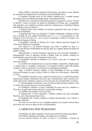 Sobre a Bíblia é colocada a Espada do Dois gumes, que todavia é uma, símbolo
da conciliação do antagonismo e da força que de tal conciliação deriva.
O esqueleto colocado junto ao Ara central, simboliza que a vontade humana
deva passar através da Morte para poder atingir o Pensamento Divino.
Relembra-nos o juramento do Kadosch quando nos impusemos a divisa "Vencer
ou Morrer", vencer ou morrer em defesa do Estandarte da Ordem, que é empunhado
pelo esqueleto e que simboliza a potência material e espiritual que é conferida à Ordem
pela Sabedoria dos seus Obreiros.
A atitude de ferir com o Punhal, nos recorda o juramento feito, caso se falte à
promessa de fidelidade.
A disposição das luzes que iluminam o Templo corresponde à Bateria do Grau
que é formada de onze golpes distribuídos por 5, 3, 1, e 2, correspondente ao ano
maçônico 5312 (1312 da E.V.), ano em que foi destruída a ordem do Templo e do
sacrifício de Jacques de Molay.
O candelabro colocado no Oriente, de 5 luzes, número igual aos degraus do
Trono do Presidente da Assembléia.
Esse número é o da Estrela Flamígera, que reúne o símbolo do fogo e o
emblema das Divinas Possibilidades do homem junto ao completo desenvolvimento da
própria vontade.
Aparentemente, a Estrela Flamígera apresenta-se com um poder destruidor e
desorganizador como se desejasse devorar a própria Vida; no entanto, encabeça as
transformações sucessivas para a formação de novos seres.
O Candelabro colocado no Ocidente é de 3 Luzes, como são 3 os degraus do
trono que ilumina.
É o símbolo da Unidade da Luz em sua diversidade e representa a religião única
e a ciência única, o verdadeiro cristianismo, o do Sagrado Ternário, onde todo dissídio
se aplaca e todas as oposições se conciliam na contemplação da Unidade.
Aqui, o Ternário luminoso significa as três modalidades do Ser, na criação
universal da matéria, ou seja, a Causa, o Meio e o Efeito, ou o Movimento, a Putrefação
e a Vida.
O Candelabro colocado ao Sul, composto de duas Luzes é o símbolo da antítese
aparente que compõe a Harmonia Universal e que o Iniciado dever saber conciliar em si
mesmo para poder contribuir a realizar no Universo para que a Grande Obra se cumpra.
E a bissexualidade da Natureza, cujo movimento, aparentemente, produz a vida
e a morte, mas que não passa de um ato de geração.
O Candelabro colocado ao Norte, constituído de uma única luz, simboliza a
Única Luz, da qual todas as luzes derivam e à qual todas retornam.
É o emblema da Unidade e da Causa Única.
O conjunto das 11 luzes representa o símbolo sintético da nossa concepção
filosífica, com o fracionamento das Luzes.
O Candelabro dos 5 braços simboliza a tríplice manifestação; o de 2 braços, a
Emanação andrógina.
As Luzes, no seu todo e na sua concepção unitária, nos ensinam a buscar Deus
não fora de nós, mas sim, dentro de nós e na humanidade.
A ABERTURA DOS TRABALHOS
Os trabalhos são abertos segundo a forma convencional dos Graus precedentes.
O Presidente empunha uma espada, cujo punho serve de malhete.
Um dos deveres formais em todos os Graus é a verificação a respeito de
206
 