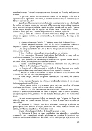 quando chegarmos "a termo", nos encontraremos dentro de um Templo, perfeitamente
acabado.
De que vale, porém, nos encontrarmos dentro de um Templo vazio, sem a
oportunidade de repartirmos com outros, o resultado do misticismo, da comunhão e das
bênçãos recebidas do Alto?
Quando um Maçom se encontra isolado, não poderá exercitar o que a Instituição
lhe ensina; um Maçom isolado não represente a Maçonaria, daí a necessidade imperiosa
de os Maçons reunirem-se em Loja, eis que no recinto sagrado cada um abrirá os
portas
de seu próprio Templo, para dar ingresso aos demais e nos Templos desses "demais"
que serão nosso "próximo” , teremos a oportunidade de, também, ingressar.
Então, a soma dos Templos constituirá um Grande Tempo da Natureza que
abarca os aspectos múltiplos, da espiritualidade, da mentalização, da magia e do
misticismo.
A Loja denomina-se de Capítulo. O Presidente tem o título de Ilustre Mestre.
O Primeiro Vigilante representa Hirão, rei de Tiro e é denominado de Grande
Inspetor: o Segundo Vigilante representa Adoniram e toma o título de Introdutor.
Uma das peculiaridades do Grau é de que não podem assistir aos trabalhos,
senão, quinze Irmãos.
O Grau 10 pode ser ministrado por comunicação ou por Iniciação.
A Loja representa a Câmara de Audiência do Rei Salomão, e a sala onde se
celebram as sessões do Grau representa a Sala do Conselho.
A Loja é revestida com cortinas negras semeadas com lágrimas roxas e brancas;
em certos Rituais, essas lágrimas são vermelhas e brancas.
O recinto é iluminado por três candelabros de cinco luzes cada um, colocados
sobre os Altares do Presidente e dos Vigilantes.
No Oriente, sob o sólio, um quadro, símbolo do Grau, figurando uma cidade
quadrada com três portas e em cima de cada uma delas, uma cabeça humana.
O Avental em tecido branco orlado em negro; a Abeta em negro; no centro, três
Arcos e sobre cada um, uma cabeça ensangüentada.
A Faixa é negra, pendente um punhal vermelho; na face direita, três cabeças
humanas.
Sobre a mesa do Presidente são colocados uma Espada, um ramo de oliveira e as
insígnias destinadas aos Neófitos.
Embora, apenas, quinze pessoas devam tomar parte nos trabalhos, há lugares
destinados aos visitantes e pelos Irmãos que excederem o número.
O Painel da Loja é em formato de escudo, com bordos azul-escuro, tendo em seu
interior, na parte inferior um Punhal em forma de pequeno sabre, no sentido horizontal,
da esquerda para a direita, encimado por três manchas de sangue, tendo por baixo outras
cinco.
Na parte central, em quase toda a sua extensão, uma Fortaleza, em forma de
triângulo, tendo sua entrada na parte da frente, em forma de duas Torres, armadas na
extremidade.
No outro raio do Triângulo, uma Porta, descoberta, maior que a primeira; na
parte superior, nove manchas de sangue, sendo uma por sobre a Porta da Fortaleza e as
demais, distribuídas em cada lado de cima para baixo.
Orienta o Ritual que os trabalhos do Grau 10 resumem-se em:
1o
: Colocar-se à frente de seus concidadãos para educá-los e orientá-los,
procedendo com extraordinária atenção, dissipando as cegueiras da ignorância que
envolvem as camadas inferiores da Sociedade, até se conseguir que seja pronunciado
93
 