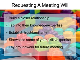 Requesting A Meeting Will
• Build a closer relationship
• Tap into their knowledge/expertise
• Establish trust/familiarity...