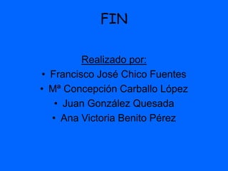 FIN
Realizado por:
• Francisco José Chico Fuentes
• Mª Concepción Carballo López
• Juan González Quesada
• Ana Victoria Benito Pérez
 