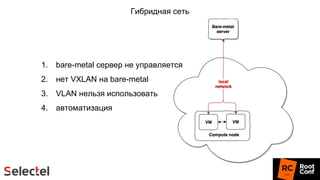 Гибридная сеть
1. bare-metal сервер не управляется
2. нет VXLAN на bare-metal
3. VLAN нельзя использовать
4. автоматизация
 