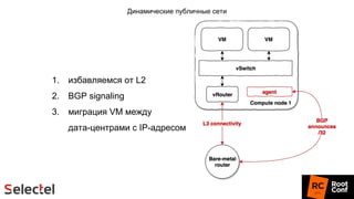 Динамические публичные сети
1. избавляемся от L2
2. BGP signaling
3. миграция VM между
дата-центрами с IP-адресом
 