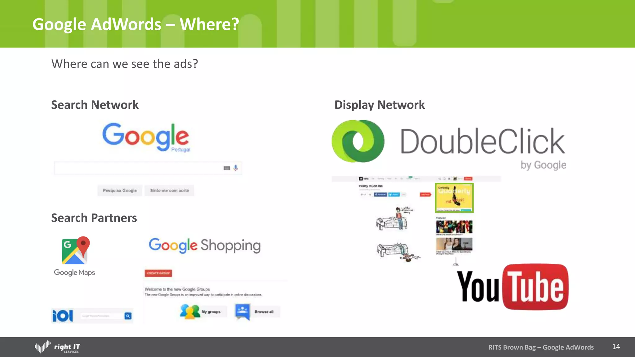14
Google AdWords – Where?
Where can we see the ads?
RITS Brown Bag – Google AdWords
Search Network Display Network
Search Partners
 