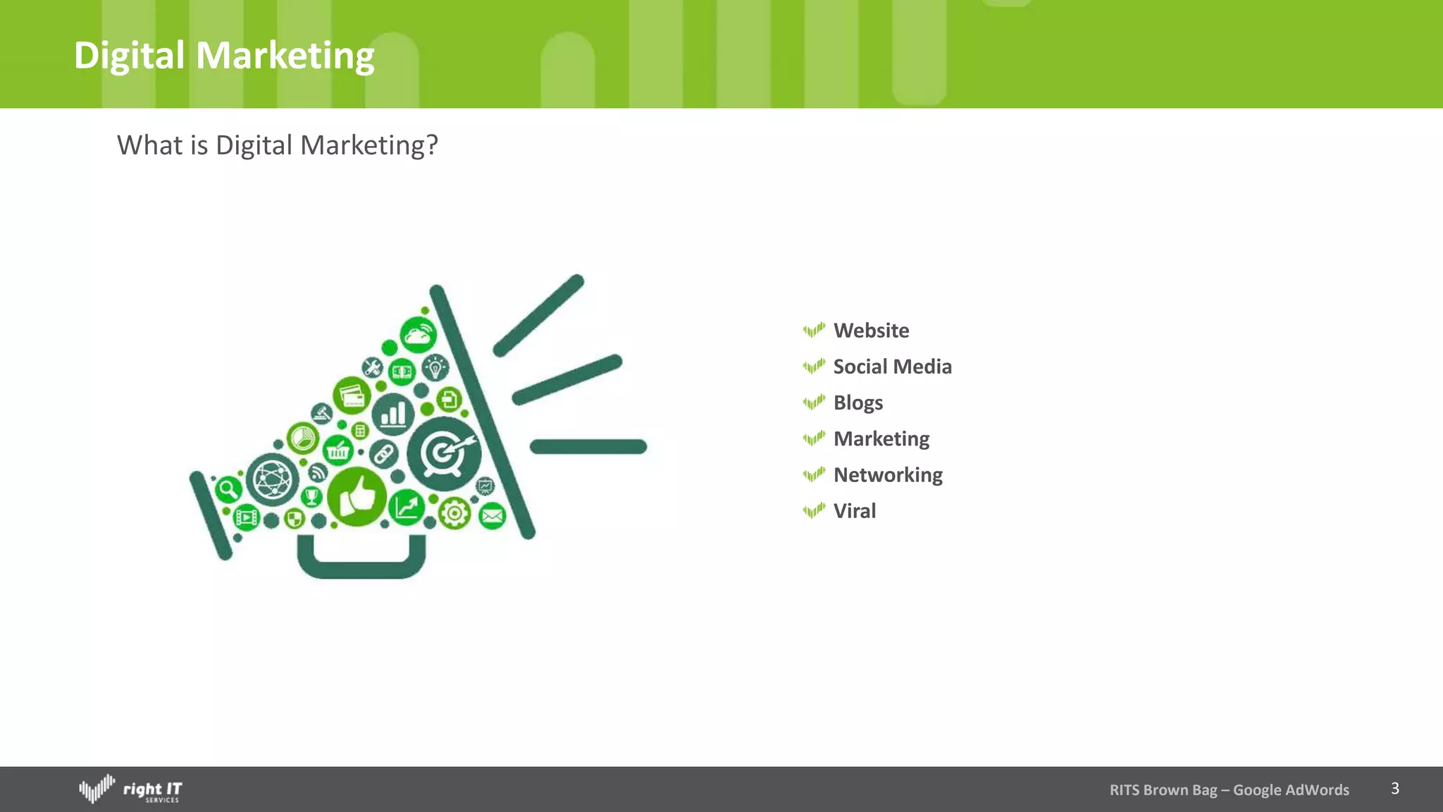 3
Digital Marketing
What is Digital Marketing?
Website
Social Media
Blogs
Marketing
Networking
Viral
RITS Brown Bag – Google AdWords
 