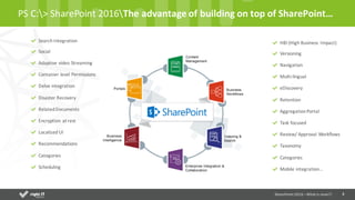 4
PS	C:>	SharePoint	2016The	advantage	of	building	on	top	of SharePoint…
Search Integration
Social
Adaptive vídeo	Streaming
Container level Permissions
Delve integration
Disaster Recovery
RelatedDocuments
Encryption at rest
Localized UI
Recommendations
Categories
Scheduling
HBI	(High Business	 Impact)
Versioning
Navigation
Multi-lingual
eDiscovery
Retention
AggregationPortal
Task focused
Review/	Approval Workflows
Taxonomy
Categories
Mobile	integration…
SharePoint	2016	–What is new!!!
 