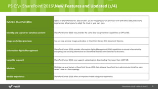 9
PS	C:>	SharePoint	2016New	Features	and	Updated	(2/4)
Hybrid in	SharePoint	2016
Hybrid	in	SharePoint	Server	2016	enables	you	to	integrate	your	on-premises	farm	with	Office	365	productivity	
experiences,	allowing	you	to	adopt	the	cloud	at	your	own	pace.
Identify	and	search	for	sensitive	content SharePoint	Server	2016	now	provides	the	same	data	loss	prevention	capabilities	as	Office	365.
Image and video previews You	can	now	preview	images	and	videos	in	SharePoint	Server	2016	document	libraries.
Information Rights Management
SharePoint	Server	2016	provides	Information	Rights	Management	(IRM)	capabilities	to	secure	information	by	
encrypting	and	securing	information	on	SharePoint	libraries	with	OneDrive	for	Business.
Largefile	support SharePoint	Server	2016	now	supports	uploading	and	downloading	files	larger	than	2,047	MB.
MinRole
MinRole is	a	new	feature	in	SharePoint	Server	2016	that	allows	a	SharePoint	farm	administrator	to	define	each	
server’s	role	in	a	farm	topology.
Mobile	experience SharePoint	Server	2016	offers	an	improved	mobile	navigation	experience.
SharePoint	2016	–What is new!!!
 