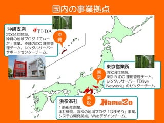 国内の事業拠点

沖縄支店
2004年開設。          沖
沖縄の地域ブログ「てぃー      縄
だ」事業、沖縄のiDC 運用管
理チーム、レンタルサーバー
サポートセンターチーム。



                                 東京営業所
                             東   2003年開設。
                             京   東京の iDC 運用管理チーム。
                                 レンタルサーバー「Drive
                                 Network」のセンターチーム


                         浜
                  浜松本社   松
                  1996年創業。
                  本社機能。浜松の地域ブログ「はまぞう」事業、
                  システム開発拠点、Webデザインチーム。
 