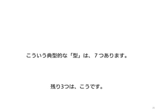 こういう典型的な「型」は、７つあります。
残り3つは、こうです。
25
 