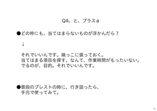 QA、と、プラスα
●どの枠にも、当てはまらないものが浮かんだら？
↓
それでいいんです。端っこに張っておく。
当てはまる項目を探す、なんて、作業時間がもったいない。
でるのが、目的。それでいいんです。
●普段のブレストの時に、行き詰ったら、
手元で使ってみて。
36
 