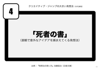 「死者の書」
（直観で意外なアイデアを捕まえてくる発想法）
4
出典：『発想法の使い方』加藤昌治（日経文庫）
クリエイティブ・ジャンプの大きい発想法（の代表格）
43
 