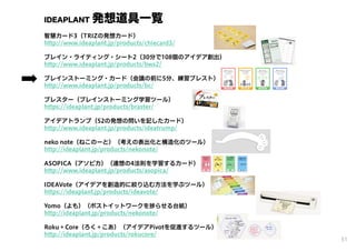 IDEAPLANT 発想道具一覧
智慧カード3（TRIZの発想カード）
http://www.ideaplant.jp/products/chiecard3/
ブレイン・ライティング・シート2（30分で108個のアイデア創出）
http://www.ideaplant.jp/products/bws2/
ブレインストーミング・カード（会議の前に5分、練習ブレスト）
http://www.ideaplant.jp/products/bc/
ブレスター（ブレインストーミング学習ツール）
https://ideaplant.jp/products/braster/
アイデアトランプ（52の発想の問いを記したカード）
http://www.ideaplant.jp/products/ideatrump/
neko note（ねこのーと）（考えの表出化と構造化のツール）
http://ideaplant.jp/products/nekonote/
ASOPICA（アソピカ）（連想の4法則を学習するカード）
http://www.ideaplant.jp/products/asopica/
IDEAVote（アイデアを創造的に絞り込む方法を学ぶツール）
https://ideaplant.jp/products/ideavote/
Yomo（よも）（ポストイットワークを らせる台紙）
http://ideaplant.jp/products/nekonote/
Roku＋Core（ろく＋こあ）（アイデアPivotを促進するツール）
http://ideaplant.jp/products/rokucore/
51
 