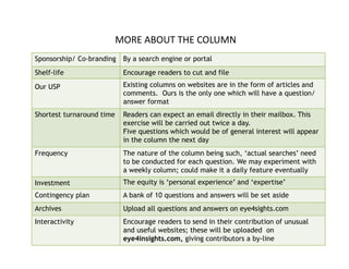 MORE ABOUT THE COLUMN  
Sponsorship/ Co-branding    By a search engine or portal
Shelf-life                  Encourage readers to cut and file

Our USP                     Existing columns on websites are in the form of articles and
                            comments. Ours is the only one which will have a question/
                            answer format
Shortest turnaround time    Readers can expect an email directly in their mailbox. This
                                           p                     y
                            exercise will be carried out twice a day.
                            Five questions which would be of general interest will appear
                            in the column the next day
Frequency
F                           The t
                            Th nature of th column b i such, ‘ t l searches’ need
                                        f the l      being     h ‘actual      h ’     d
                            to be conducted for each question. We may experiment with
                            a weekly column; could make it a daily feature eventually
  vest e t
Investment                  The equity is ‘personal experience’ and ‘expertise’
                                 q y       p          p                p
Contingency plan            A bank of 10 questions and answers will be set aside
Archives                    Upload all questions and answers on eye4sights.com
Interactivity
I       i i                 Encourage readers to send i their contribution of unusual
                            E            d           d in h i       ib i    f       l
                            and useful websites; these will be uploaded on
                            eye4insights.com, giving contributors a by-line
 