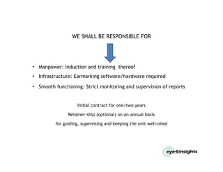 WE SHALL BE RESPONSIBLE FOR




• Manpower: Induction and training thereof
• I f t t
  Infrastructure: E
                  Earmarking software/hardware required
                        ki     ft    /h d          i d

• Smooth functioning: Strict monitoring and supervision of reports


                   Initial contract for one/two years

               Retainer-ship (optional) on an annual basis

         for guiding, supervising and keeping the unit well-oiled
 