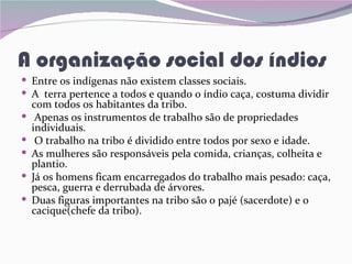 A organização social dos índios
 Entre os indígenas não existem classes sociais.
 A terra pertence a todos e quando o índio caça, costuma dividir
    com todos os habitantes da tribo.
    Apenas os instrumentos de trabalho são de propriedades
    individuais.
    O trabalho na tribo é dividido entre todos por sexo e idade.
   As mulheres são responsáveis pela comida, crianças, colheita e
    plantio.
   Já os homens ficam encarregados do trabalho mais pesado: caça,
    pesca, guerra e derrubada de árvores.
   Duas figuras importantes na tribo são o pajé (sacerdote) e o
    cacique(chefe da tribo).
 