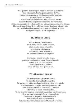 38 | Celebrando la Unión


                Haz que mis manos sepan respetar las cosas que creaste,
                      y mis oídos sean abiertos para escuchar Tu Voz.
                   Hazme sabio, para que pueda comprender las cosas
                                 que enseñaste a mi pueblo,
                    la lección escondida en cada hoja y en cada piedra.
                 Busco la Fuerza, no para ser superior a mis hermanos,
        sino para ser capaz de luchar contra mi más grande enemigo: yo mismo.
          Hazme siempre listo a llegar a Ti, con manos limpias y mirada recta,
               así cuando la vida se desvanezca como un sol que se pone,
                            mi espíritu llegue a Ti sin verguenza.



                                16.- Oración Lakota

                              Wakan Tanka, Gran Misterio,
                           enséñame a confiar en mi corazón,
                              en mi mente, en mi intuición,
                                 en mi sabiduría interna,
                              en los sentidos de mi cuerpo,
                            en las bendiciones de mi espíritu.

                           Enséñame a confiar en estas cosas,
                      para que pueda entrar en mi Espacio Sagrado
                             y amar más allá de mi miedo,
                               y así Caminar en la Belleza
                            con el paso de cada glorioso Sol.



                              17.- Ábrenos el camino

                          Dios Todopoderoso. Seidad Cósmica.
                          Tú cuyo brillo alumbra los mundos.
               Tú que eres el hálito que hace temblar y estremecer a todo.
                   Acude como una ráfaga a nuestra apasionada paz
                      Abre pues el camino, la Puerta de la Creación
                           y fortalece la unión entre nosotros.
             Tu luz alumbre nuestro entendimiento, anime nuestro corazón.
                      Deja que tu resplandor inflame nuestra alma.
                       Queremos el despertar de la Conciencia, l
                           a instauración de la definitiva Paz.
                 Pedimos el auxilio especial de los Mundos Superiores.
 