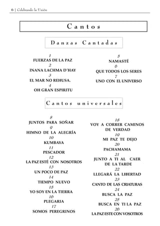 6 | Celebrando la Unión




                             Cantos

                          Danzas    Cantadas

                   1                             5
             FUERZAS DE LA PAZ               NAMASTÉ
                   2                           6
           INANA LACHMA D´HAY           QUE TODOS LOS SERES
                   3                           7
           EL MAR NO REHUSA.            UNO CON EL UNIVERSO
                   4
             OH GRAN ESPIRITU


                      Cantos       universales

                      8
                                                   18
          JUNTOS PARA SOÑAR
                                      VOY A CORRER CAMINOS
                      9
                                              DE VERDAD
         HIMNO DE LA ALEGRÍA
                                                   19
                     10                     MI PAZ TE DEJO
                  KUMBAYA                          20
                     11                      PACHAMAMA
                  PESCADOR
                                                   21
                     12                 JUNTO A TI AL CAER
         LA PAZ ESTÉ CON NOSOTROS
                                              DE LA TARDE
                     13
                                                   22
              UN POCO DE PAZ
                                        LLEGARÁ LA LIBERTAD
                     14
                                                   23
               TIEMPO NUEVO
                                       CANTO DE LAS CRIATURAS
                     15
                                                   24
           YO SOY EN LA TIERRA
                                            BUSCA LA PAZ
                     16
                  PLEGARIA                         25
                                          BUSCA EN TI LA PAZ
                       17
                                                   26
             SOMOS PEREGRINOS
                                      LA PAZ ESTE CON VOSOTROS
 