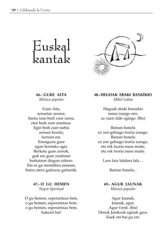 98 | Celebrando la Unión




            Euskal
            kantak

               66.- GURE AITA             68.- HEGOAK EBAKI BANIZKIO
                Música popular                      Mikel Laboa

                  Gure Aita,                  Hegoak ebaki banizkio
               zeruetan zerana.                  nerea izango zen,
         Santu izan bedi zure izena,         ez zuen alde egingo. (Bis)
           etor bedi zure erreinua.
             Egin bedi zure nahia                  Bainan honela
                zeruan bezala,             ez zen gehiago txoria izango.
                 lurrean ere.                      Bainan honela
                Emaiguzu gaur              ez zen gehiago txoria izango,
              egun hontako ogia.             eta nik txoria nuen maite,
             Barkatu gure zorrak,            eta nik txoria nuen maite.
            guk ere gure zordunei
          barkatzen diegun ezkero.            Lara lara lalalara lala ...
         Eta ez gu tentaldira eraman,
        baina atera gaitzazu gaitzetik.           Bainan honela...


             67.- O GU HEMEN                  69.- AGUR JAUNAK
                 Negro Spiritual                   Música popular

        O gu hemen, esperantzaz bete,             Agur Jaunak,
        o gu hemen, esperantzaz bete,             Jaunak, agur.
        o gu hemen, esperantzaz bete,           Agur t'erdi. (bis)
                bakeari bai!               Denok Jainkoak eginak gera.
                                              Zuek eta bai gu ere.
 