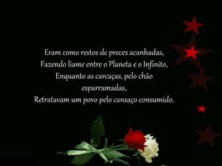 Eram como restos de preces acanhadas,
Fazendo liame entre o Planeta e o Infinito,
Enquanto as carcaças, pelo chão
esparramadas,
Retratavam um povo pelo cansaço consumido.
 