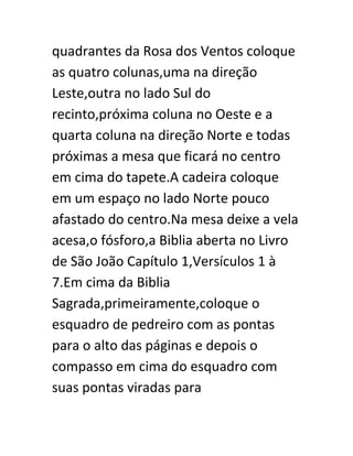 quadrantes da Rosa dos Ventos coloque
as quatro colunas,uma na direção
Leste,outra no lado Sul do
recinto,próxima coluna no Oeste e a
quarta coluna na direção Norte e todas
próximas a mesa que ficará no centro
em cima do tapete.A cadeira coloque
em um espaço no lado Norte pouco
afastado do centro.Na mesa deixe a vela
acesa,o fósforo,a Biblia aberta no Livro
de São João Capítulo 1,Versículos 1 à
7.Em cima da Biblia
Sagrada,primeiramente,coloque o
esquadro de pedreiro com as pontas
para o alto das páginas e depois o
compasso em cima do esquadro com
suas pontas viradas para
 