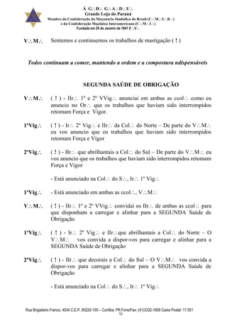 À GDGADU
Grande Loja do Paraná
Membro da Confederação da Maçonaria Simbólica do Brasil (CMSB)
e da Confederação Maçônica Interamericana (CMI)
Fundada em 25 de Janeiro de 1941 EV
Rua Brigadeiro Franco, 4534 C.E.P. 80220-100 – Curitiba, PR Fone/Fax: (41)3332-1909 Caixa Postal: 17.501
10
VM Sentemos e continuemos os trabalhos de mastigação ( ! )
Todos continuam a comer, mantendo a ordem e a compostura ndispensáveis
SEGUNDA SAÚDE DE OBRIGAÇÃO
VM ( ! ) - IIr 1º e 2º VVig anunciai em ambas as ccol como eu
anuncio no Or que os trabalhos que haviam sido interrompidos
retomam Força e Vigor.
1ºVig ( ! ) - Ir 2º Vig e IIr da Col do Norte – De parte do VM
eu vos anuncio que os trabalhos que haviam sido interrompidos
retomam Força e Vigor
2ºVig ( ! ) - IIr que abrilhantais a Col do Sul – De parte do VM eu
vos anuncio que os trabalhos que haviam sido interrompidos retomam
Força e Vigor
- Está anunciado na Col do S, Ir 1º Vig
1ºVig - Está anunciado em ambas as ccol, VM
VM ( ! ) - IIr 1º e 2º VVig convidai os IIr de ambas as ccol para
que disponham a carregar e alinhar para a SEGUNDA Saúde de
Obrigação
1ºVig ( ! ) - Ir 2º Vig e IIrque abrilhantais a Col do Norte – O
VM vos convida a dispor-vos para carregar e alinhar para a
SEGUNDA Saúde de Obrigação
2ºVig ( ! ) - IIr que decorais a Col do Sul – O VM vos convida a
dispor-vos para carregar e alinhar para a SEGUNDA Saúde de
Obrigação
- Está anunciado na Col do S, Ir 1º Vig
 