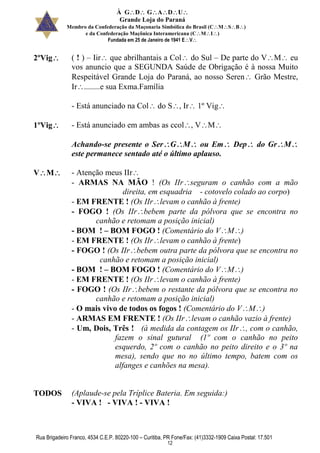 À GDGADU
Grande Loja do Paraná
Membro da Confederação da Maçonaria Simbólica do Brasil (CMSB)
e da Confederação Maçônica Interamericana (CMI)
Fundada em 25 de Janeiro de 1941 EV
Rua Brigadeiro Franco, 4534 C.E.P. 80220-100 – Curitiba, PR Fone/Fax: (41)3332-1909 Caixa Postal: 17.501
12
2ºVig ( ! ) – Iir que abrilhantais a Col do Sul – De parte do VM eu
vos anuncio que a SEGUNDA Saúde de Obrigação é à nossa Muito
Respeitável Grande Loja do Paraná, ao nosso Seren Grão Mestre,
Ir........e sua Exma.Família
- Está anunciado na Col do S, Ir 1º Vig
1ºVig - Está anunciado em ambas as ccol, VM
Achando-se presente o SerGM ou Em Dep do GrM
este permanece sentado até o último aplauso.
VM - Atenção meus IIr
- ARMAS NA MÃO ! (Os IIrseguram o canhão com a mão
direita, em esquadria - cotovelo colado ao corpo)
- EM FRENTE ! (Os IIrlevam o canhão à frente)
- FOGO ! (Os IIrbebem parte da pólvora que se encontra no
canhão e retomam a posição inicial)
- BOM ! – BOM FOGO ! (Comentário do VM)
- EM FRENTE ! (Os IIrlevam o canhão à frente)
- FOGO ! (Os IIrbebem outra parte da pólvora que se encontra no
canhão e retomam a posição inicial)
- BOM ! – BOM FOGO ! (Comentário do VM)
- EM FRENTE ! (Os IIrlevam o canhão à frente)
- FOGO ! (Os IIrbebem o restante da pólvora que se encontra no
canhão e retomam a posição inicial)
- O mais vivo de todos os fogos ! (Comentário do VM)
- ARMAS EM FRENTE ! (Os IIrlevam o canhão vazio à frente)
- Um, Dois, Três ! (à medida da contagem os IIr, com o canhão,
fazem o sinal gutural (1º com o canhão no peito
esquerdo, 2º com o canhão no peito direito e o 3º na
mesa), sendo que no no último tempo, batem com os
alfanges e canhões na mesa).
TODOS (Aplaude-se pela Tríplice Bateria. Em seguida:)
- VIVA ! - VIVA ! - VIVA !
 