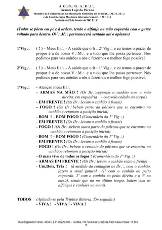 À GDGADU
Grande Loja do Paraná
Membro da Confederação da Maçonaria Simbólica do Brasil (CMSB)
e da Confederação Maçônica Interamericana (CMI)
Fundada em 25 de Janeiro de 1941 EV
Rua Brigadeiro Franco, 4534 C.E.P. 80220-100 – Curitiba, PR Fone/Fax: (41)3332-1909 Caixa Postal: 17.501
15
(Todos se põem em pé e à ordem, tendo o alfanje na mão esquerda com o gume
voltado para dentro. OVM permanecerá sentado até o aplauso)
1ºVig ( ! ) – Meus IIr - A saúde que o Ir2º Vig e eu temos o prazer de
propor é a de nosso VM e a tudo que lhe possa pertencer. Nós
pedimos para vos unirdes a nós e fazermos o melhor fogo possível.
2ºVig ( ! ) – Meus IIr - A saúde que o Ir1º Vig e eu temos o prazer de
propor é a de nosso VM e a tudo que lhe possa pertencer. Nós
pedimos para vos unirdes a nós e fazermos o melhor fogo possível.
1ºVig - Atenção meus IIr
- ARMAS NA MÃO ! (Os IIrseguram o canhão com a mão
direita, em esquadria - cotovelo colado ao corpo)
- EM FRENTE ! (Os IIrlevam o canhão à frente)
- FOGO ! (Os IIrbebem parte da pólvora que se encontra no
canhão e retomam a posição inicial)
- BOM ! – BOM FOGO ! (Comentário do 1º Vig)
- EM FRENTE ! (Os IIrlevam o canhão à frente)
- FOGO ! (Os IIrbebem outra parte da pólvora que se encontra no
canhão e retomam a posição inicial)
- BOM ! – BOM FOGO ! (Comentário do 1º Vig)
- EM FRENTE ! (Os IIrlevam o canhão à frente)
- FOGO ! (Os IIrbebem o restante da pólvora que se encontra no
canhãoe retomam a posição inicial)
- O mais vivo de todos os fogos ! (Comentário do 1º Vig)
- ARMAS EM FRENTE ! (Os IIrlevam o canhão vazio à frente)
- Um,Dois, Três ! (à medida da contagem os IIr, com o canhão,
fazem o sinal gutural (1º com o canhão no peito
esquerdo, 2º com o canhão no peito direito e o 3º na
mesa), sendo que no no último tempo, batem com os
alfanges e canhões na mesa).
TODOS (Aplaude-se pela Tríplice Bateria. Em seguida:)
- VIVA ! - VIVA ! - VIVA !
 