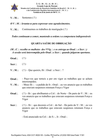 À GDGADU
Grande Loja do Paraná
Membro da Confederação da Maçonaria Simbólica do Brasil (CMSB)
e da Confederação Maçônica Interamericana (CMI)
Fundada em 25 de Janeiro de 1941 EV
Rua Brigadeiro Franco, 4534 C.E.P. 80220-100 – Curitiba, PR Fone/Fax: (41)3332-1909 Caixa Postal: 17.501
16
VM Sentemos ( ! )
O VM levanta-se para expressar seus agradecimentos.
VM Continuemos os trabalhos de mastigação ( ! )
Todos continuam a comer, mantendo a ordem e a compostura indispensáveis
QUARTA SAÚDE DE OBRIGAÇÃO
(MC recolhe os malhetes dos VVig e os entrega ao Orad e Secr)
A sessão será interrompida pelo Orade Secr quando julgarem oportuno.
Orad ( ! )
Secr ( ! )
VM ( ! ) – Que quereis, IIrOrade Secr ?
Orad - Peço-vos que torneis a por em vigor os trabalhos que se acham
interrompidos.
VM - Meus IIr - a pedido do IrOrad eu vos anuncio que os trabalhos
que estavam suspensos retomam Força e Vigor
Orad ( ! ) - IIrque abrilhantais a Col do Norte – De parte do VM eu
vos anuncio que os trabalhos que estavam suspensos retomam Força e
Vigor
Secr ( ! ) - IIr que decorais a Col do Sul – De parte do VM eu vos
anuncio que os trabalhos que estavam suspensos retomam Força e
Vigor
- Está anunciado na Col do S, IrOrad
 