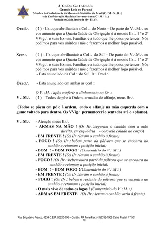 À GDGADU
Grande Loja do Paraná
Membro da Confederação da Maçonaria Simbólica do Brasil (CMSB)
e da Confederação Maçônica Interamericana (CMI)
Fundada em 25 de Janeiro de 1941 EV
Rua Brigadeiro Franco, 4534 C.E.P. 80220-100 – Curitiba, PR Fone/Fax: (41)3332-1909 Caixa Postal: 17.501
18
Orad ( ! ) - IIrque abrilhantais a Col do Norte – De parte do VM eu
vos anuncio que a Quarta Saúde de Obrigação é à nossos IIr 1º e 2º
VVig e suas Exmas. Famílias e a tudo que lhe possa pertencer. Nós
pedimos para vos unirdes a nós e fazermos o melhor fogo possível.
Secr ( ! ) - IIrque abrilhantais a Col do Sul – De parte do VM eu
vos anuncio que a Quarta Saúde de Obrigação é à nossos IIr 1º e 2º
VVig e suas Exmas. Famílias e a tudo que lhe possa pertencer. Nós
pedimos para vos unirdes a nós e fazermos o melhor fogo possível.
- Está anunciado na Col do Sul, IrOrad
Orad - Está anunciado em ambas as ccol
VM
O VM após conferir o alinhamento no Or
( ! ) – Todos de pé e à Ordem, armados de alfanje, meus IIr
(Todos se põem em pé e à ordem, tendo o alfanje na mão esquerda com o
gume voltado para dentro. Os VVig permanecerão sentados até o aplauso).
VM - Atenção meus IIr
- ARMAS NA MÃO ! (Os IIrseguram o canhão com a mão
direita, em esquadria - cotovelo colado ao corpo)
- EM FRENTE ! (Os IIrlevam o canhão à frente)
- FOGO ! (Os IIrbebem parte da pólvora que se encontra no
canhão e retomam a posição inicial)
- BOM ! – BOM FOGO ! (Comentário do VM)
- EM FRENTE ! (Os IIrlevam o canhão à frente)
- FOGO ! (Os IIrbebem outra parte da pólvora que se encontra no
canhão e retomam a posição inicial)
- BOM ! – BOM FOGO !(Comentário do VM)
- EM FRENTE ! (Os IIrlevam o canhão à frente)
- FOGO ! (Os IIrbebem o restante da pólvora que se encontra no
canhão e retomam a posição inicial)
- O mais vivo de todos os fogos ! (Comentário do VM)
- ARMAS EM FRENTE ! (Os IIrlevam o canhão vazio à frente)
 