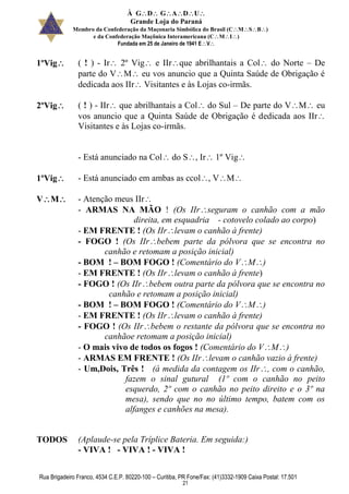 À GDGADU
Grande Loja do Paraná
Membro da Confederação da Maçonaria Simbólica do Brasil (CMSB)
e da Confederação Maçônica Interamericana (CMI)
Fundada em 25 de Janeiro de 1941 EV
Rua Brigadeiro Franco, 4534 C.E.P. 80220-100 – Curitiba, PR Fone/Fax: (41)3332-1909 Caixa Postal: 17.501
21
1ºVig ( ! ) - Ir 2º Vig e IIrque abrilhantais a Col do Norte – De
parte do VM eu vos anuncio que a Quinta Saúde de Obrigação é
dedicada aos IIr Visitantes e às Lojas co-irmãs.
2ºVig ( ! ) - IIr que abrilhantais a Col do Sul – De parte do VM eu
vos anuncio que a Quinta Saúde de Obrigação é dedicada aos IIr
Visitantes e às Lojas co-irmãs.
- Está anunciado na Col do S, Ir 1º Vig
1ºVig - Está anunciado em ambas as ccol, VM
VM - Atenção meus IIr
- ARMAS NA MÃO ! (Os IIrseguram o canhão com a mão
direita, em esquadria - cotovelo colado ao corpo)
- EM FRENTE ! (Os IIrlevam o canhão à frente)
- FOGO ! (Os IIrbebem parte da pólvora que se encontra no
canhão e retomam a posição inicial)
- BOM ! – BOM FOGO ! (Comentário do VM)
- EM FRENTE ! (Os IIrlevam o canhão à frente)
- FOGO ! (Os IIrbebem outra parte da pólvora que se encontra no
canhão e retomam a posição inicial)
- BOM ! – BOM FOGO ! (Comentário do VM)
- EM FRENTE ! (Os IIrlevam o canhão à frente)
- FOGO ! (Os IIrbebem o restante da pólvora que se encontra no
canhãoe retomam a posição inicial)
- O mais vivo de todos os fogos ! (Comentário do VM)
- ARMAS EM FRENTE ! (Os IIrlevam o canhão vazio à frente)
- Um,Dois, Três ! (à medida da contagem os IIr, com o canhão,
fazem o sinal gutural (1º com o canhão no peito
esquerdo, 2º com o canhão no peito direito e o 3º na
mesa), sendo que no no último tempo, batem com os
alfanges e canhões na mesa).
TODOS (Aplaude-se pela Tríplice Bateria. Em seguida:)
- VIVA ! - VIVA ! - VIVA !
 