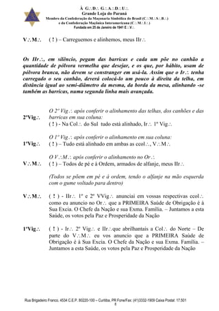 À GDGADU
Grande Loja do Paraná
Membro da Confederação da Maçonaria Simbólica do Brasil (CMSB)
e da Confederação Maçônica Interamericana (CMI)
Fundada em 25 de Janeiro de 1941 EV
Rua Brigadeiro Franco, 4534 C.E.P. 80220-100 – Curitiba, PR Fone/Fax: (41)3332-1909 Caixa Postal: 17.501
8
VM ( ! ) – Carreguemos e alinhemos, meus IIr
Os IIr, em silêncio, pegam das barricas e cada um põe no canhão a
quantidade de pólvora vermelha que desejar, e os que, por hábito, usam de
pólvora branca, não devem se constranger em usá-la. Assim que o Ir tenha
carregado o seu canhão, deverá colocá-lo um pouco à direita da telha, em
distância igual ao semi-diâmetro da mesma, da borda da mesa, alinhando -se
também as barricas, numa segunda linha mais avançada.
2ºVig
O 2º Vig após conferir o alinhamento das telhas, dos canhões e das
barricas em sua coluna:
( ! ) - Na Col do Sul tudo está alinhado, Ir 1º Vig
1ºVig
O 1º Vig após conferir o alinhamento em sua coluna:
( ! ) – Tudo está alinhado em ambas as ccol, VM
VM
O VM após conferir o alinhamento no Or
( ! ) – Todos de pé e à Ordem, armados de alfanje, meus IIr
(Todos se põem em pé e à ordem, tendo o alfanje na mão esquerda
com o gume voltado para dentro)
VM ( ! ) - IIr 1º e 2º VVig anunciai em vossas respectivas ccol
como eu anuncio no Or que a PRIMEIRA Saúde de Obrigação é à
Sua Excia. O Chefe da Nação e sua Exma. Família. – Juntamos a esta
Saúde, os votos pela Paz e Prosperidade da Nação
1ºVig ( ! ) - Ir 2º Vig e IIrque abrilhantais a Col do Norte – De
parte do VM eu vos anuncio que a PRIMEIRA Saúde de
Obrigação é à Sua Excia. O Chefe da Nação e sua Exma. Família. –
Juntamos a esta Saúde, os votos pela Paz e Prosperidade da Nação
 