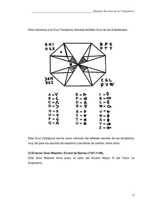 ___________________________________________Rituales Secretos de los Templarios
Pero volvamos a la Cruz Templaría, llamada también Cruz de las 8 beatitudes.
Esta Cruz Octogonal servía como vehículo del alfabeto secreto de los templarios,
muy útil para los asuntos de tesorería y las letras de cambio, entre otros.
3) El tercer Gran Maestre: Evrard de Barres (1147-1148).
Este Gran Maestre toma pues, el valor del Arcano Mayor III del Tarot: La
Emperatriz.
12
 