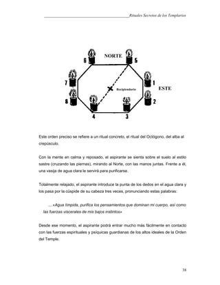 ___________________________________________Rituales Secretos de los Templarios
Este orden preciso se refiere a un ritual concreto, el ritual del Octógono, del alba al
crepúsculo.
Con la mente en calma y reposado, el aspirante se sienta sobre el suelo al estilo
sastre (cruzando las piernas), mirando al Norte, con las manos juntas. Frente a él,
una vasija de agua clara le servirá para purificarse.
Totalmente relajado, el aspirante introduce la punta de los dedos en el agua clara y
los pasa por la cúspide de su cabeza tres veces, pronunciando estas palabras:
....«Agua límpida, purifica los pensamientos que dominan mi cuerpo, así como
las fuerzas viscerales de mis bajos instintos»
Desde ese momento, el aspirante podrá entrar mucho más fácilmente en contacto
con las fuerzas espirituales y psíquicas guardianas de los altos ideales de la Orden
del Temple.
38
NORTE
ESTERecipiendario
 