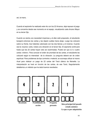 ___________________________________________Rituales Secretos de los Templarios
así, la mano.
Cuando el aspirante ha realizado este rito con los 22 Arcanos, deja reposar el juego
y se concentra desde ese momento en el espejo, visualizando cada Arcano Mayor
en su tercer Ojo.
Cuando se sienta una necesidad imperiosa y el altar esté preparado, el estudiante
barajará entonces las cartas y las dejará vueltas hacia abajo. Luego las colocará
sobre su frente, tras haberlas valorizado con las dos llamas y el incienso. Cuando
sea la «buena» carta, notara una vibración en el tercer Ojo. El aspirante continuará
hasta que las 22 cartas hayan sido así examinadas. Puede ser que 2,3 o cuatro
cartas «vibren». Para conocer el orden de prioridad de las cartas, el estudiante las
colocará según la intensidad de la vibración. La pregunta deberá ser de orden
espiritual. Para problemas de tipo corriente o material, se aconseja utilizar el mismo
ritual para vitalizar un juego de 22 cartas del Tarot clásico de Marsella. La
interpretación se hará en función de las cartas, de ese Tarot. Seguidamente
detallamos un método que ha dado buenos resultados:
66
Resultado Posibilidades de
acción
Pregunta
presente
Idea principal del pasado
-estado anímico-
Lo que es por adquisición
 